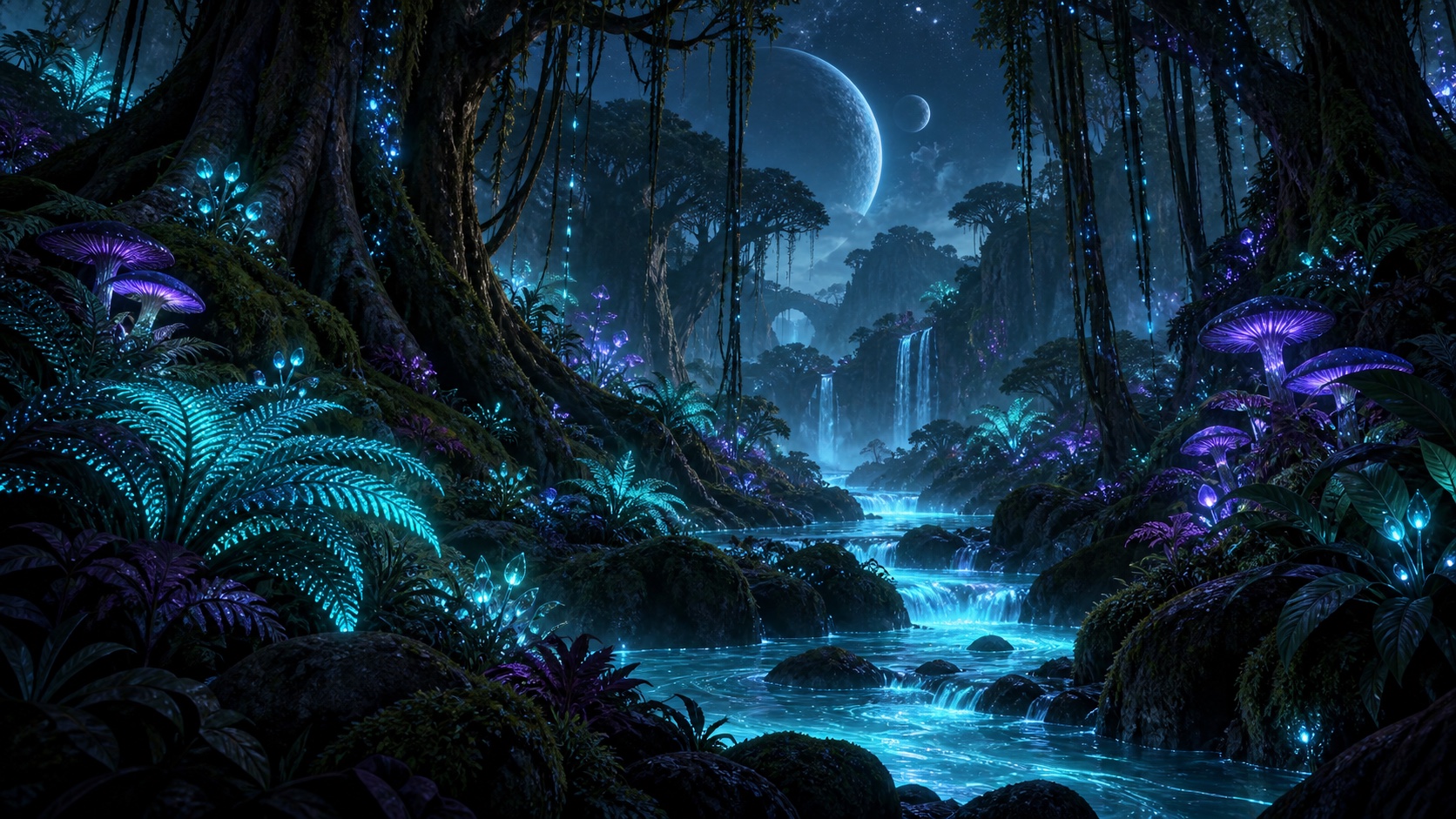 A dark forest world lit by purple and blue glowing plants and fireflies.