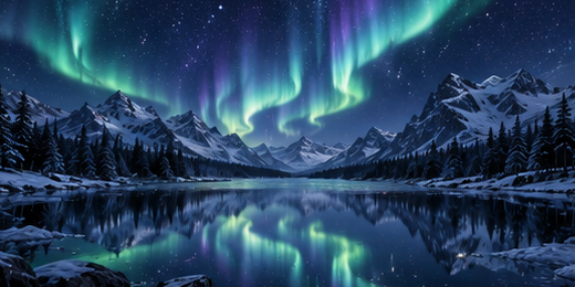 Green and violet aurora above a dark lake with snowy islands.