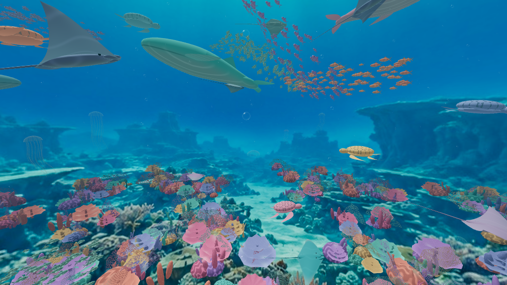 A whale, fish schools and coral fill a blue underwater Sparksbud reef.