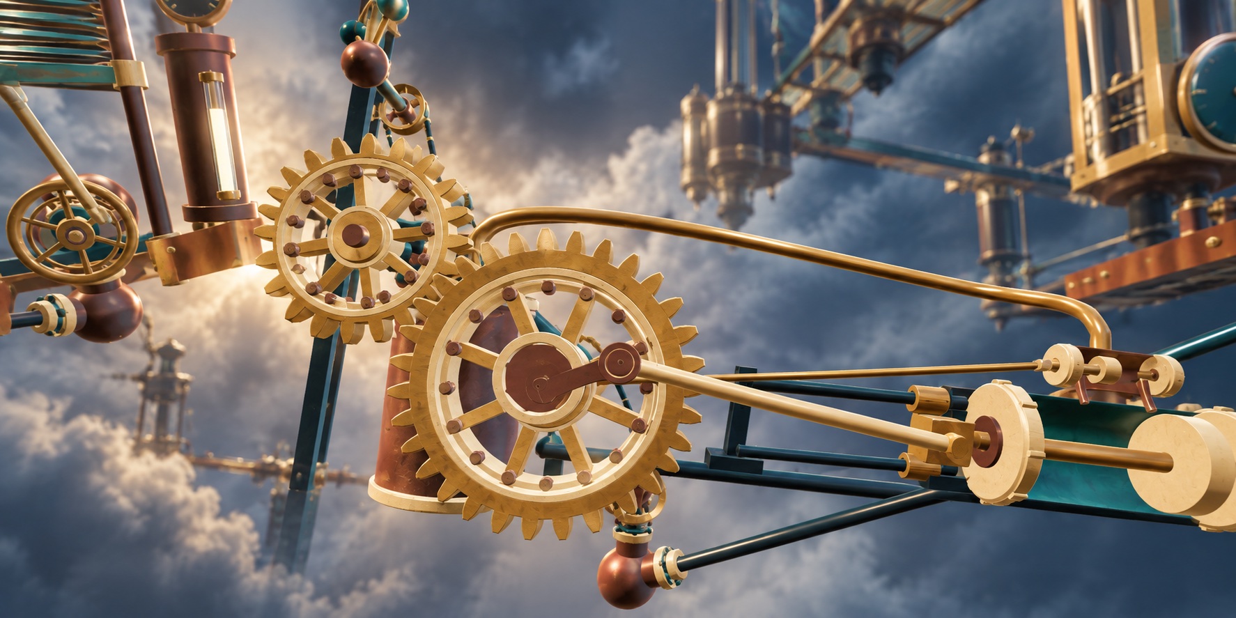 Connected brass gears, shafts and teal machinery float among clouds in the Clockwork world.