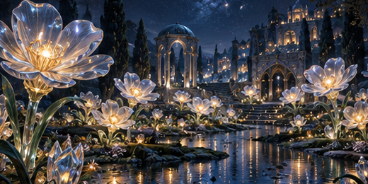 A vivid floating garden with glowing flowers, blue water and a flower crown overhead.