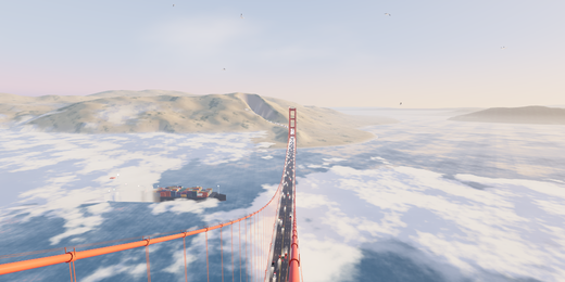 The Golden Gate Bridge tower rises above water and morning fog in orange light.