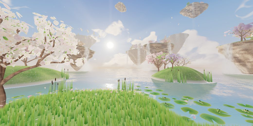 Blossoming floating islands and a mirror sea glow beneath a low sun.