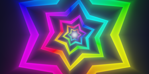A many-pointed blue, pink and gold glass star within a mirrored kaleidoscope tunnel.