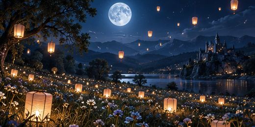 Warm gold and vermilion lanterns floating above a dark moonlit meadow.