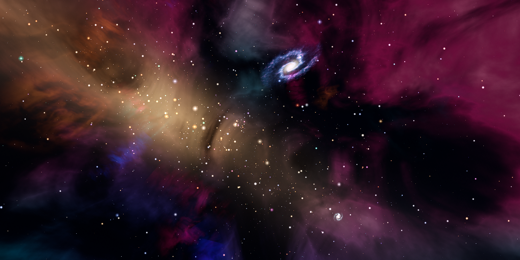 Pink and violet nebula clouds surround a bright golden galactic core.