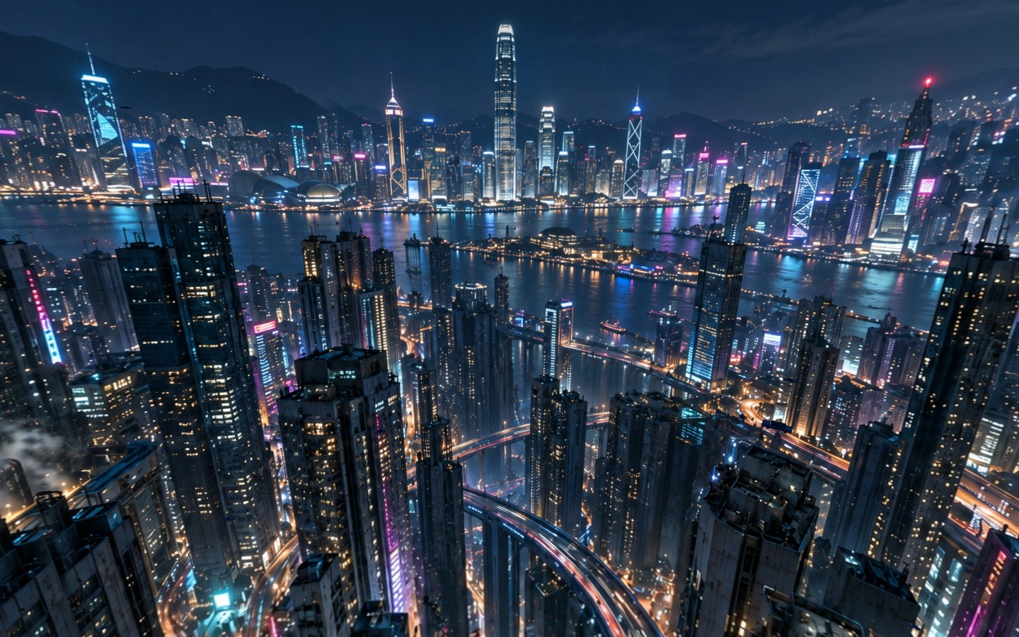 A skyscraper rooftop looking out over a neon-lit cyberpunk city at night with flying vehicles.