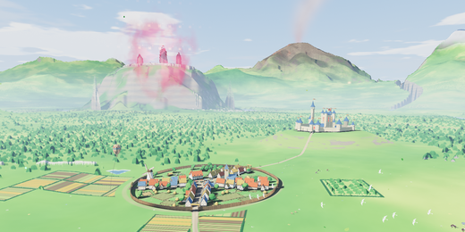 An ancient tower overlooks green hills, a village and a distant snow mountain.